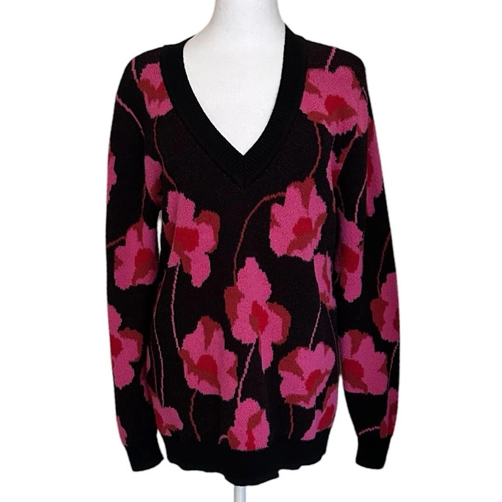 Cabi Women’s Sweater Black Pink Floral V-Neck Chunky Knit Oversized Pullover XS